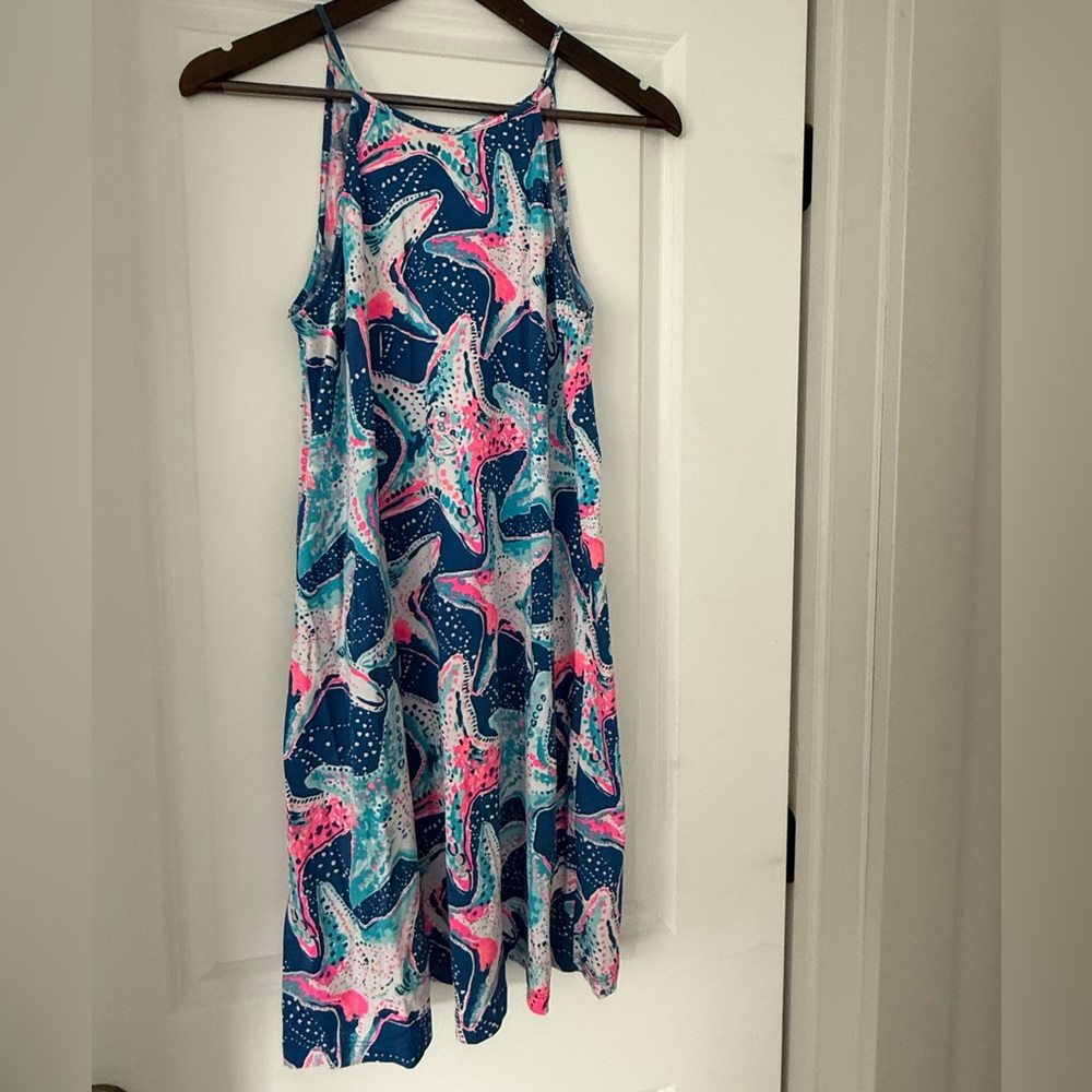 Lilly Pulitzer XS Blue and Pink Starfish dress with Tassel Tie in back